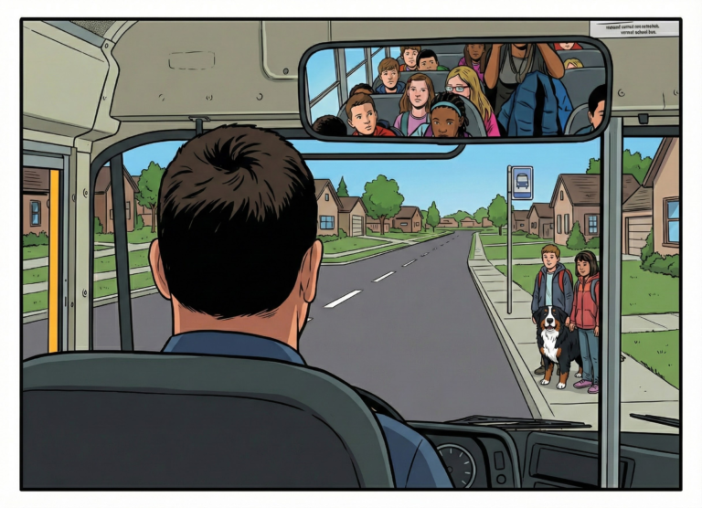 school bus driver looking in rearview mirror picking up students
