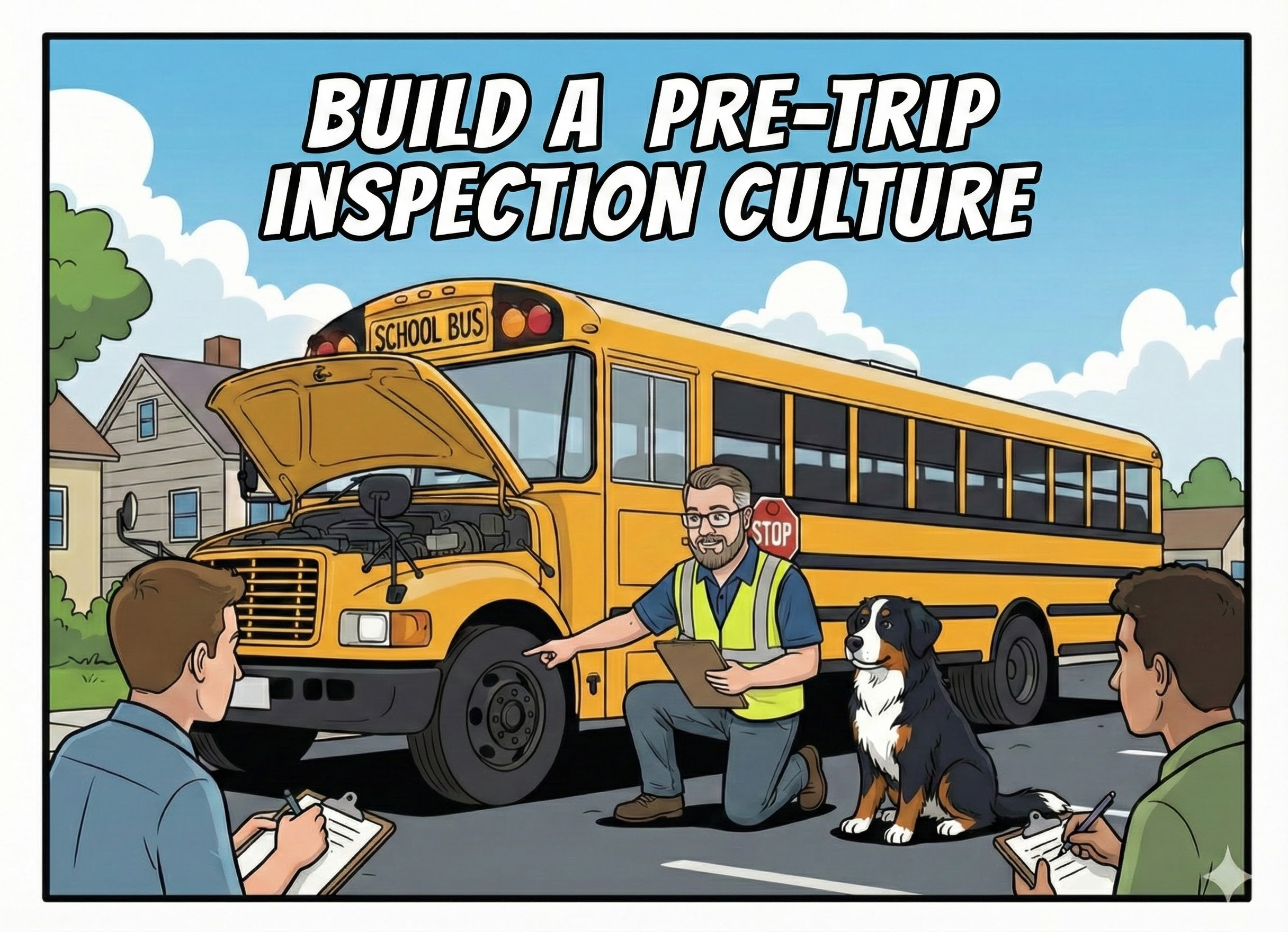 A trainer performing a school bus pre-trip inspection to new drivers.