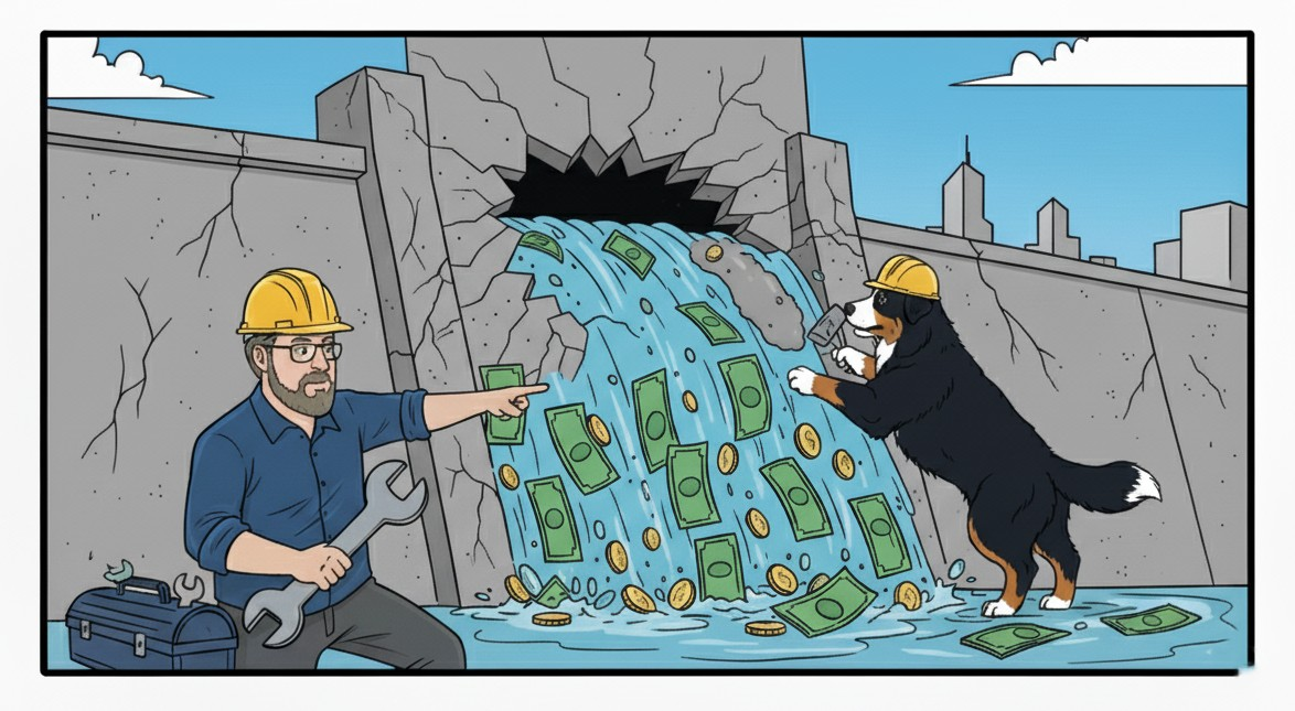 Dam breaking showing how money is lost.
