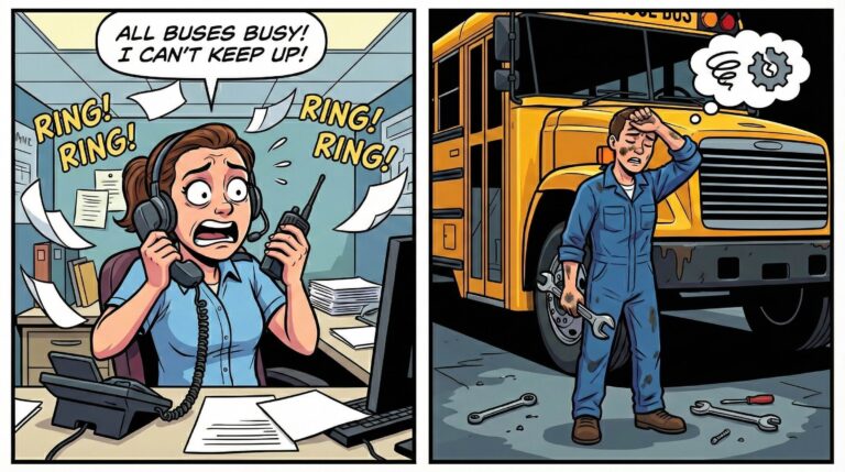 School bus mechanic and dispatcher discussing fleet maintenance schedule