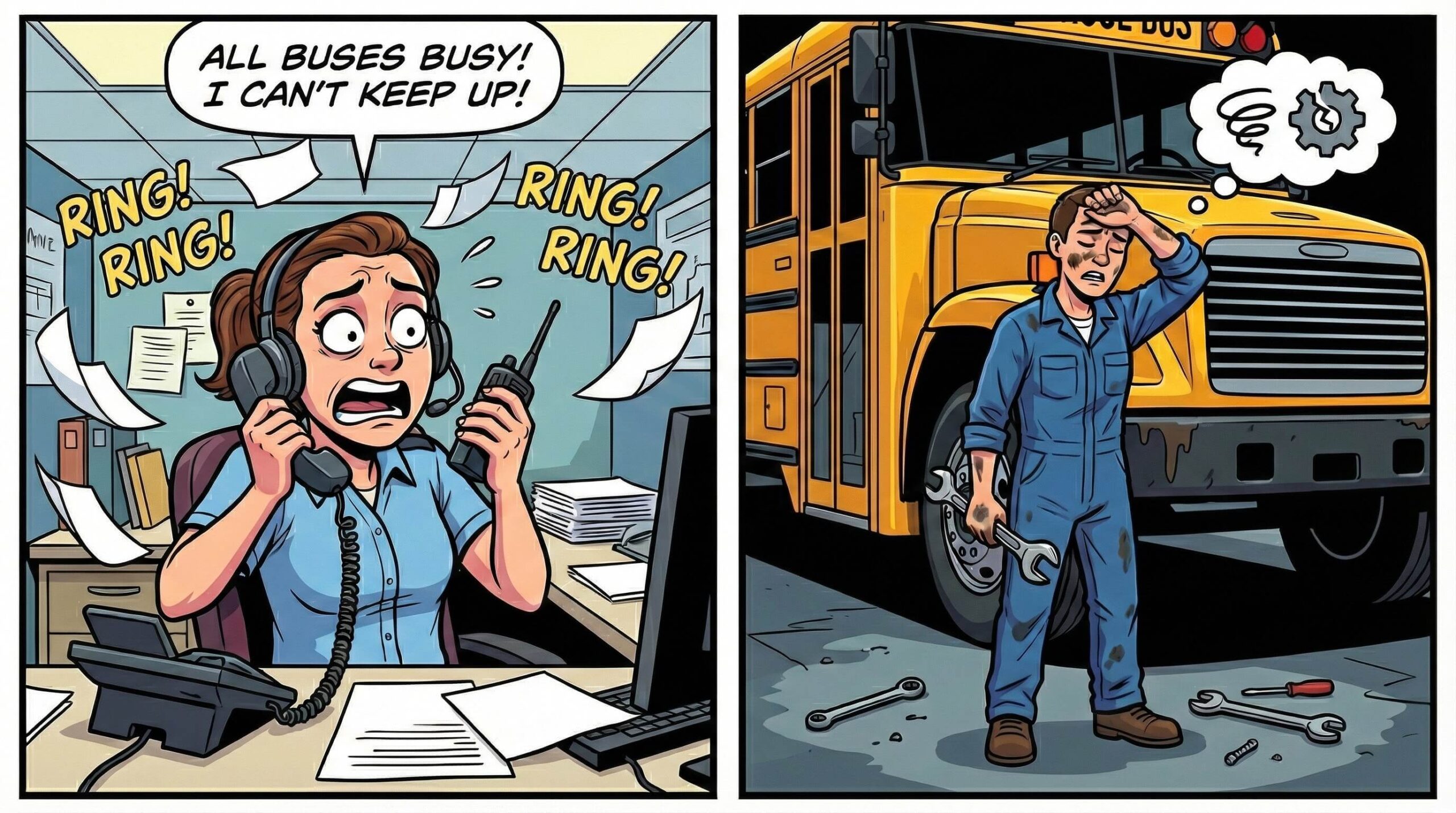 School bus mechanic and dispatcher discussing fleet maintenance schedule
